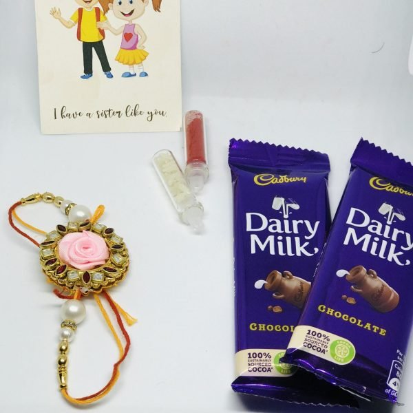 Fancy Pink Rose Rakhi with Chocolate